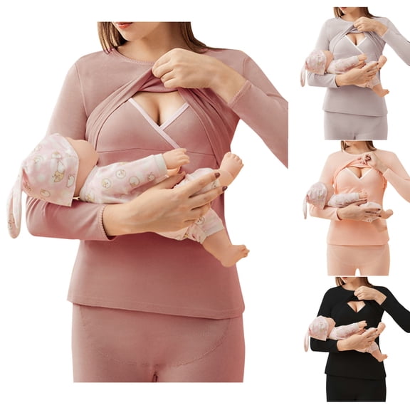 Bixock Maternity Tops Long Sleeve Crew Neck Cotton Maternity Nursing Tops for Breastfeeding Soft Breathable Maternity Shirts Comfortable Maternity Clothings