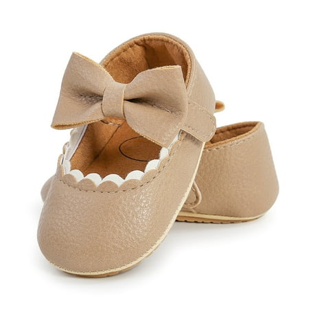 

Baywell Baby Girls Bowknot Mary Jane Flats Wedding Princess Dress Baptism Shoes Rubber Sole PU Leather Infant Toddler First Walking Moccasins Crib Shoes Beige 0-18M