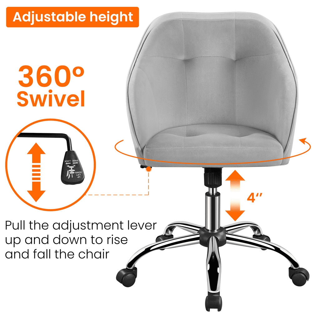 Alden Design Adjustable Swivel Velvet Desk Chair for Home Office, Light Gray