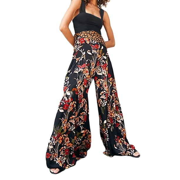 VISgogo - Pantalones palazzo con cinturón para mujer, pantalones de playa sueltos bohemios de cintura alta con estampado floral/a cuadros/cachemira VISgogo moda