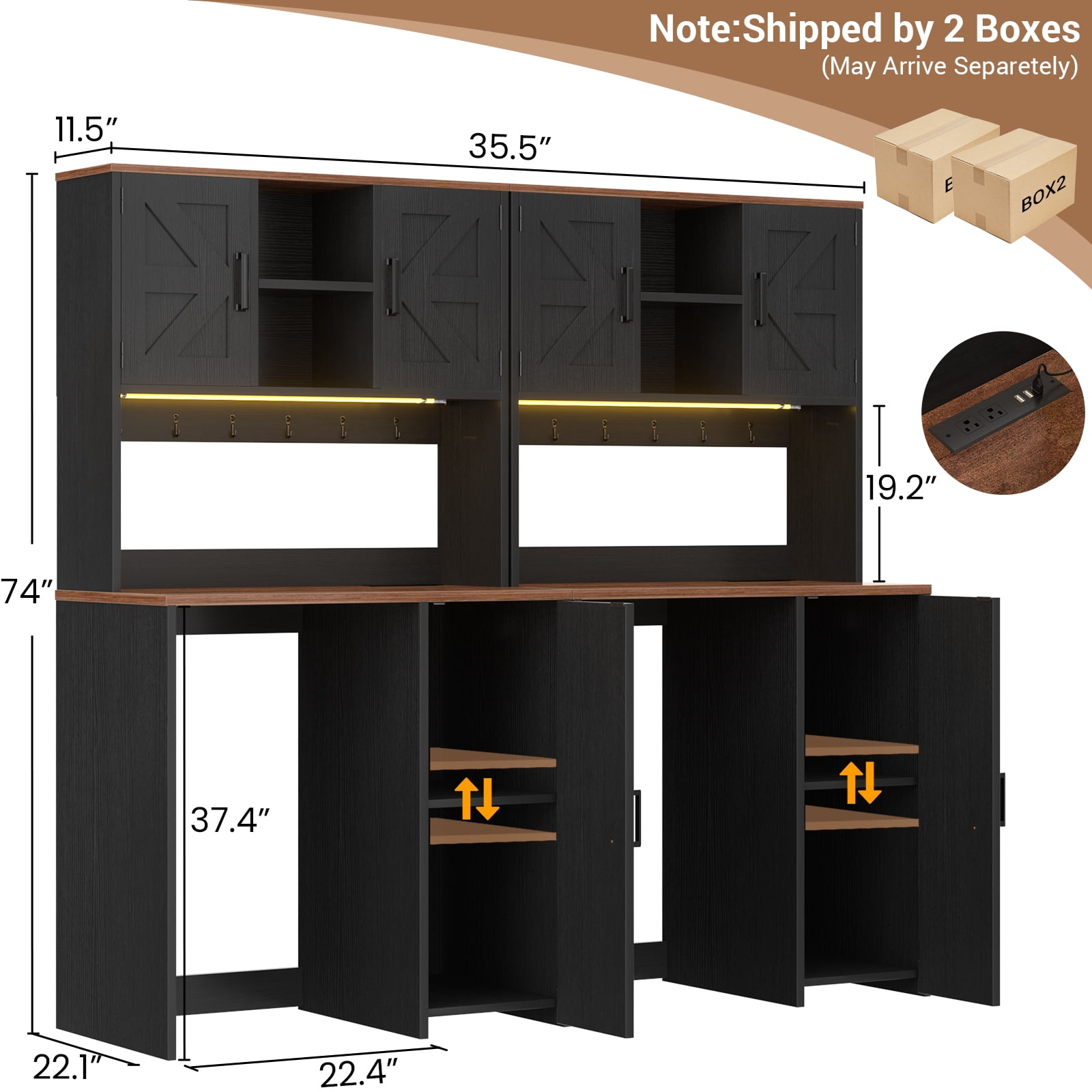 Aheaplus 2-in-1 Mini Fridge Cabinet & Coffee Bar Station Bundle - with Power Outlet, LED Light, Microwave Shelf & Storage, Ideal Beverage Center for Kitchen, Dorm, Office,Black