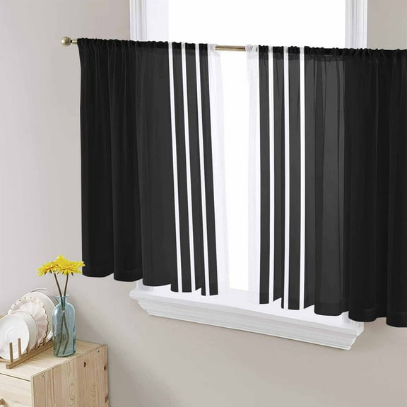 Black White Stripe Semi Sheer Curtains 45 Inch Length 2 Panels Set, Modern Rustic Vertical Striped Sheer Kitchen Curtain Privacy Voile Window Curtain for Living Room Bedroom Rod Pocket Drapes