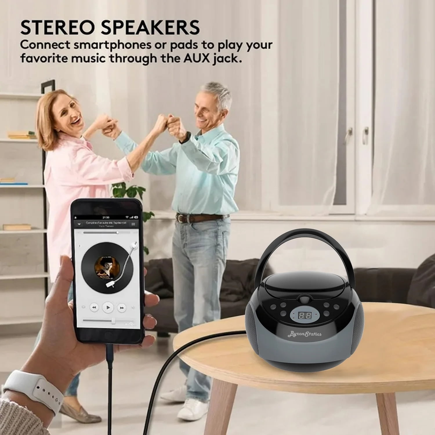 Byron Statics Portable Boombox CD Player AM FM Analog Tuning Radio, Clear Stereo Sound, 3.5mm AUX Jack, AC DC Operated, Great for Gift, Black