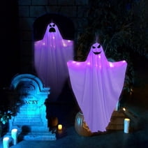 GuassLee 2 Pack 50 Inch Ghost Halloween Decorations Outdoor LED Light Up White Ghost Hanging Decorations for Halloween Indoor Outdoor Tree Yard Dark Flying Ghost Decor Supplies