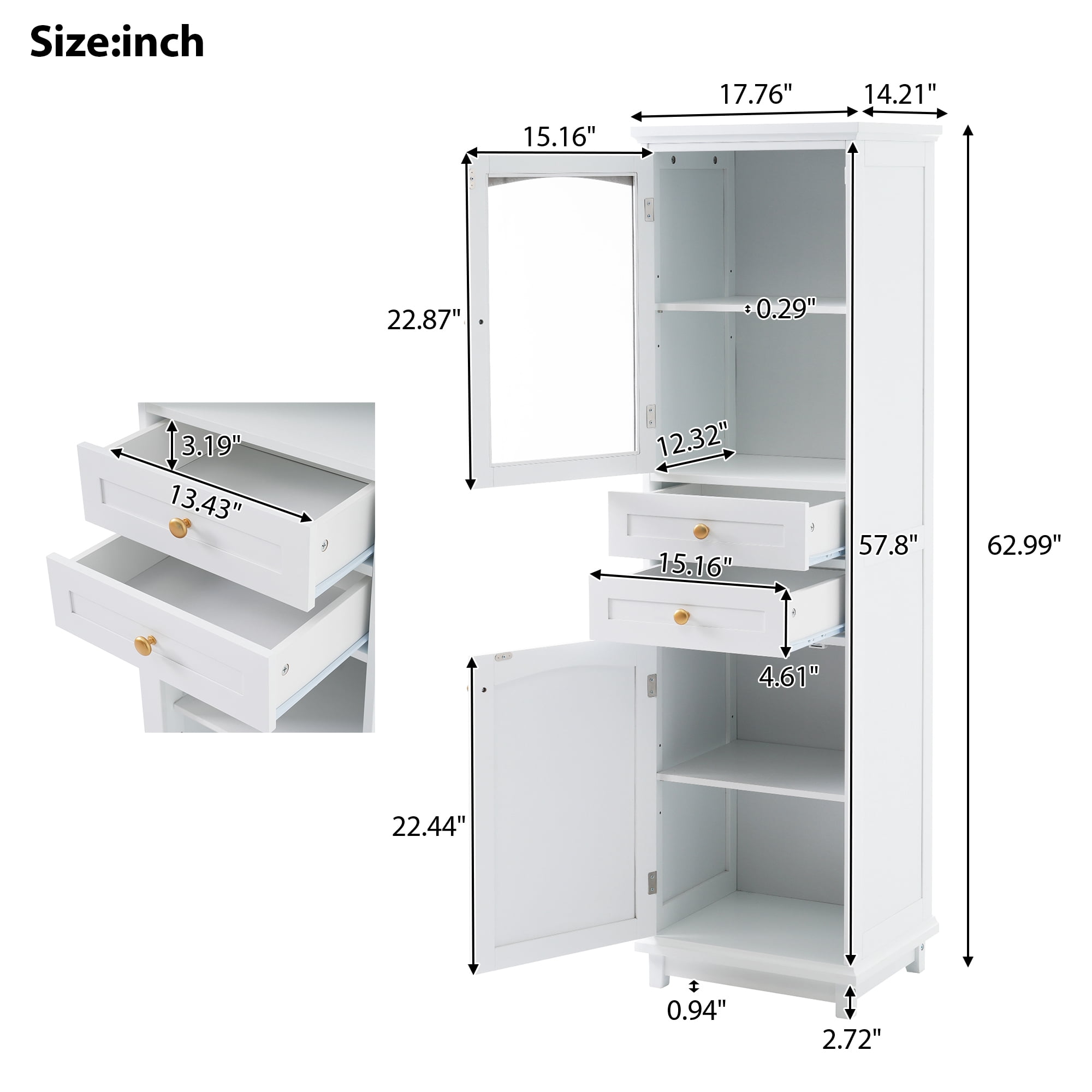 62"Tall Bathroom Storage Cabinet, Linen Closet with Glass Door,2 Drawers, Adjustable Shelves, Freestanding Wood Pantry Cabinet for Living Room,Kitchen