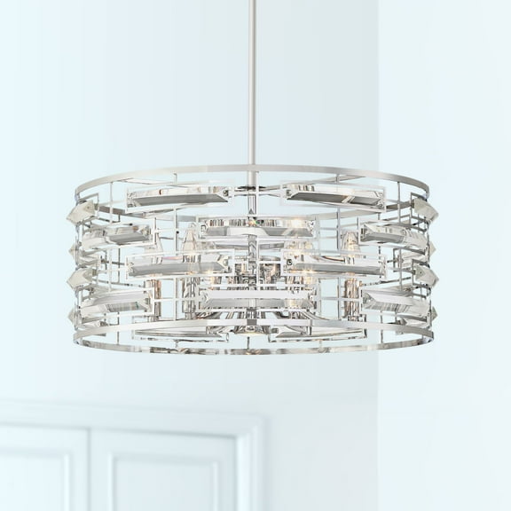 Possini Euro Design Smart Polished Nickel Chandelier 20" Wide Modern Drum Clear Crystal 6-Light Fixture for Dining Room House Foyer Kitchen Island