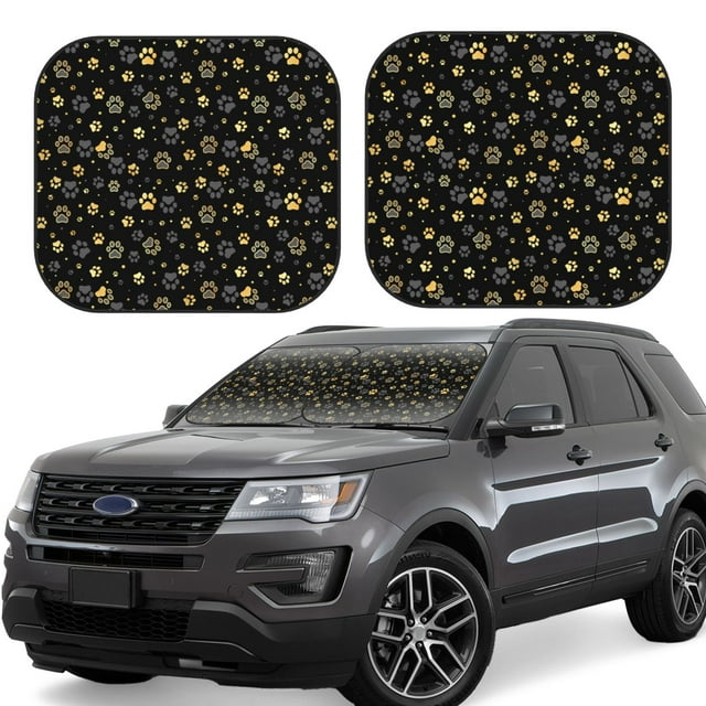 Saiise Gold Dog Paw for Foldable Car Sun Shades (2-Pack) Offer Sun Protection with an Easy-fold Design for Convenient Windshield Shading-Medium