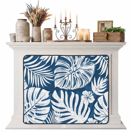 Magnetic Fireplace Cover Indigo Palm Leaves Fireplace Screen Jungle Leaf Monstera Plant Insulation Fireplace Blocker Blanket Save Energy Fireplace Draft Stopper Covers for Living Room 45x34
