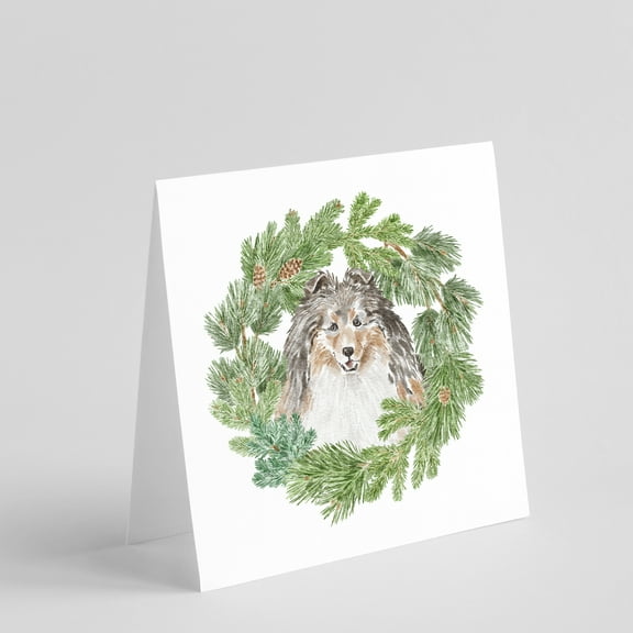 Sheltie/Shetland Sheepdog Tricolor Smiling #1 with Christmas Wreath Square Greeting Cards and Envelopes Pack of 8 5 in x 5 in