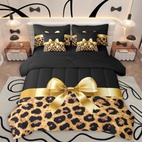 Homewish Leopard Print 7-Piece Twin Bedding Sets For Teens Boys Girls,Kawaii Bow Bedding Comforter Set,Black Brown Breathable Sheet Sets,Super Cozy Room Decor,Reversible