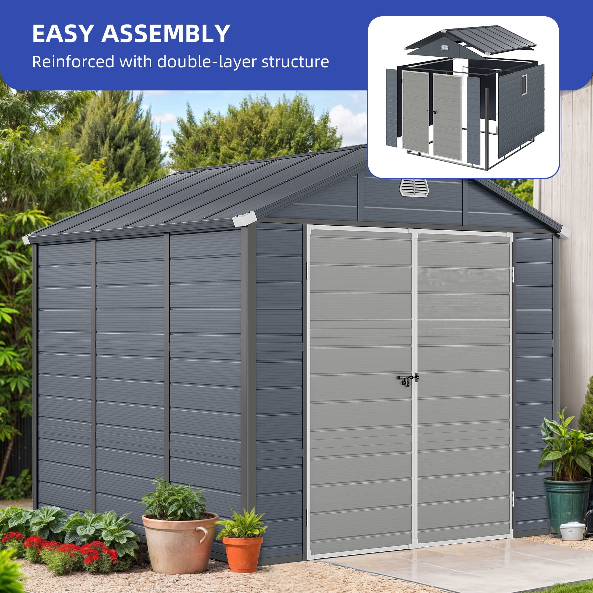 Uforic Resin Outdoor Storage Shed,7.87x9.1ft Heavy-Duty Plastic Tool Storage Shed with Reinforced Floor,Lockable Doors,Windows & Vents,Weather-Resistant for Outdoor Use