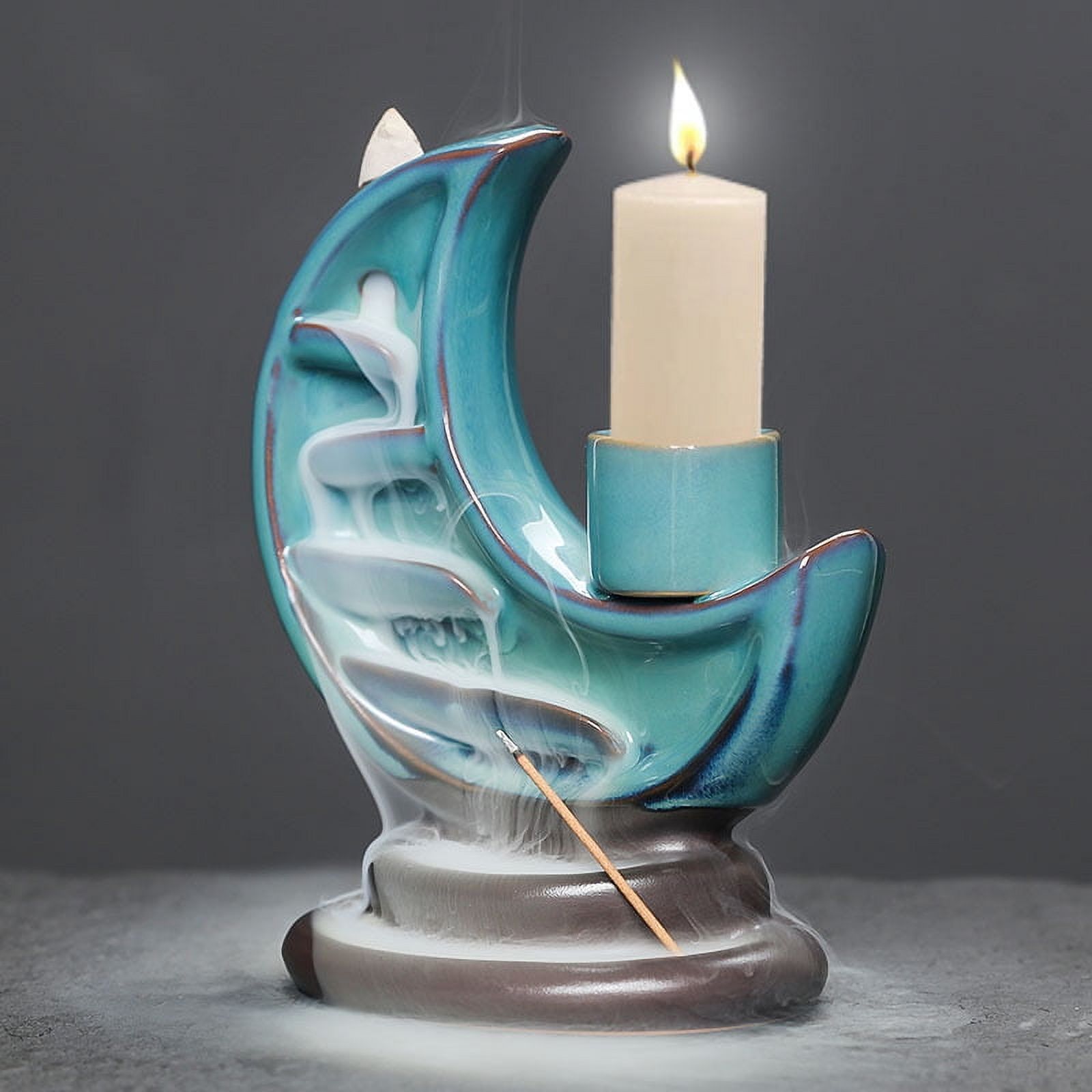 Lotus Pond Backflow Incense Burner Creative Moon-Shaped Ceramic Candle Holder Zen Incense Stick Tray Home Decoration for Yoga Meditation