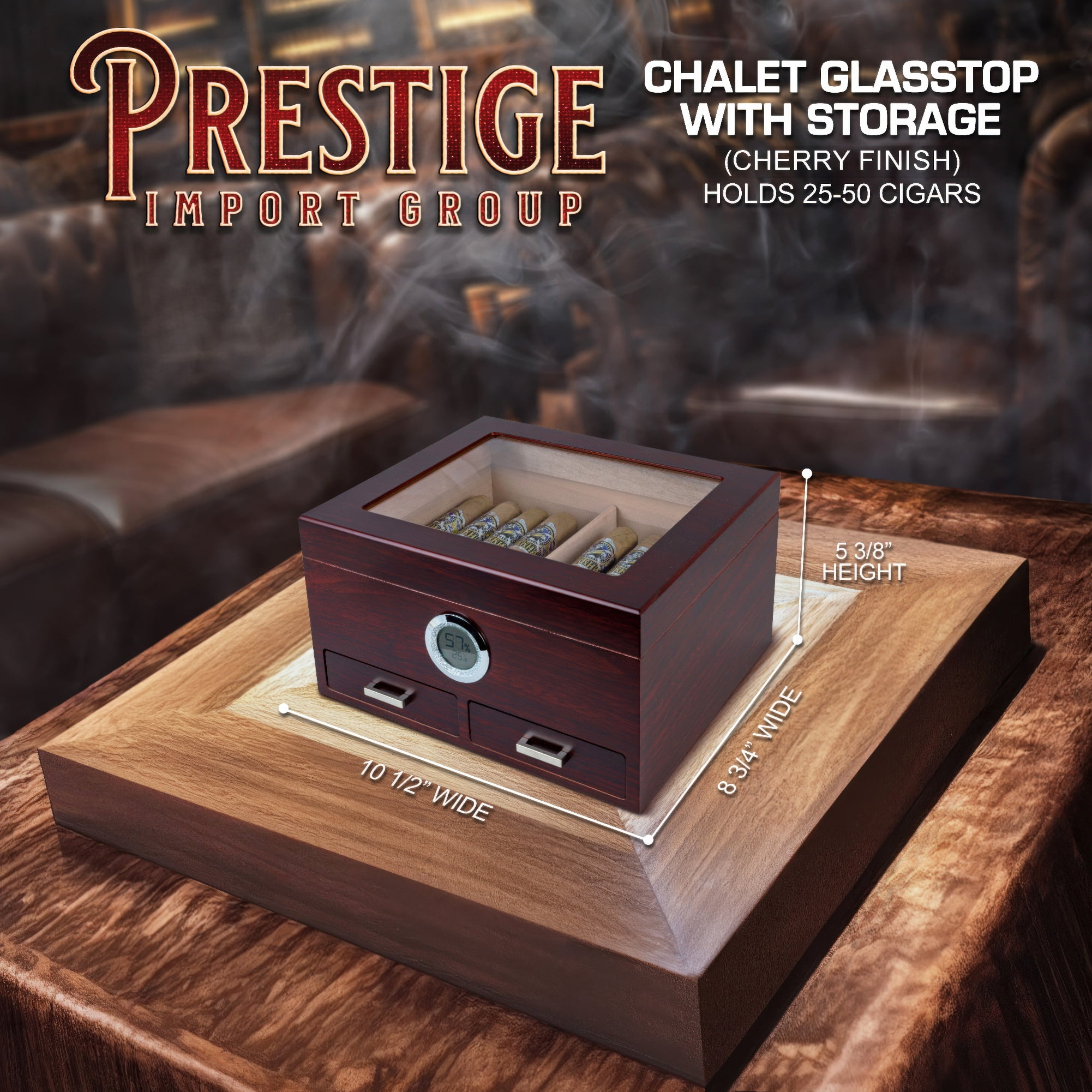 Prestige Import Group Chalet Glass Top Cigar Humidor with Digital Hydrometer & 2 Storage Drawers - 25 to 50 Capacity - Color: Cherry