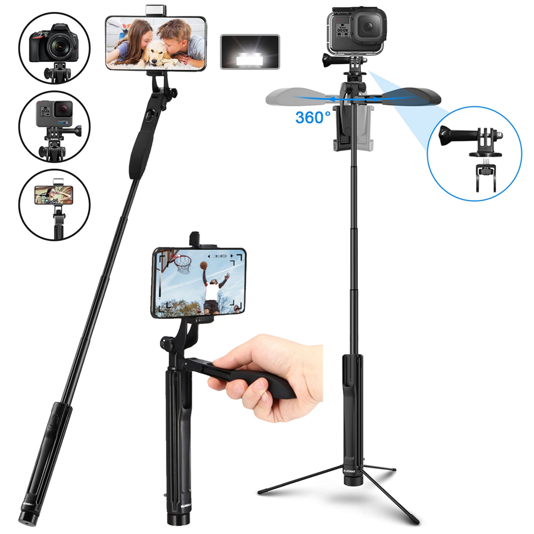 4-in-1 Bluetooth Stick Tripod with LED Fill Light, Panorama Shots 360 Degrees Rotatable Video Anti Shake Balance Handle Gimbal, for DSLR Cameras GoPro Photography Phone - Black -
