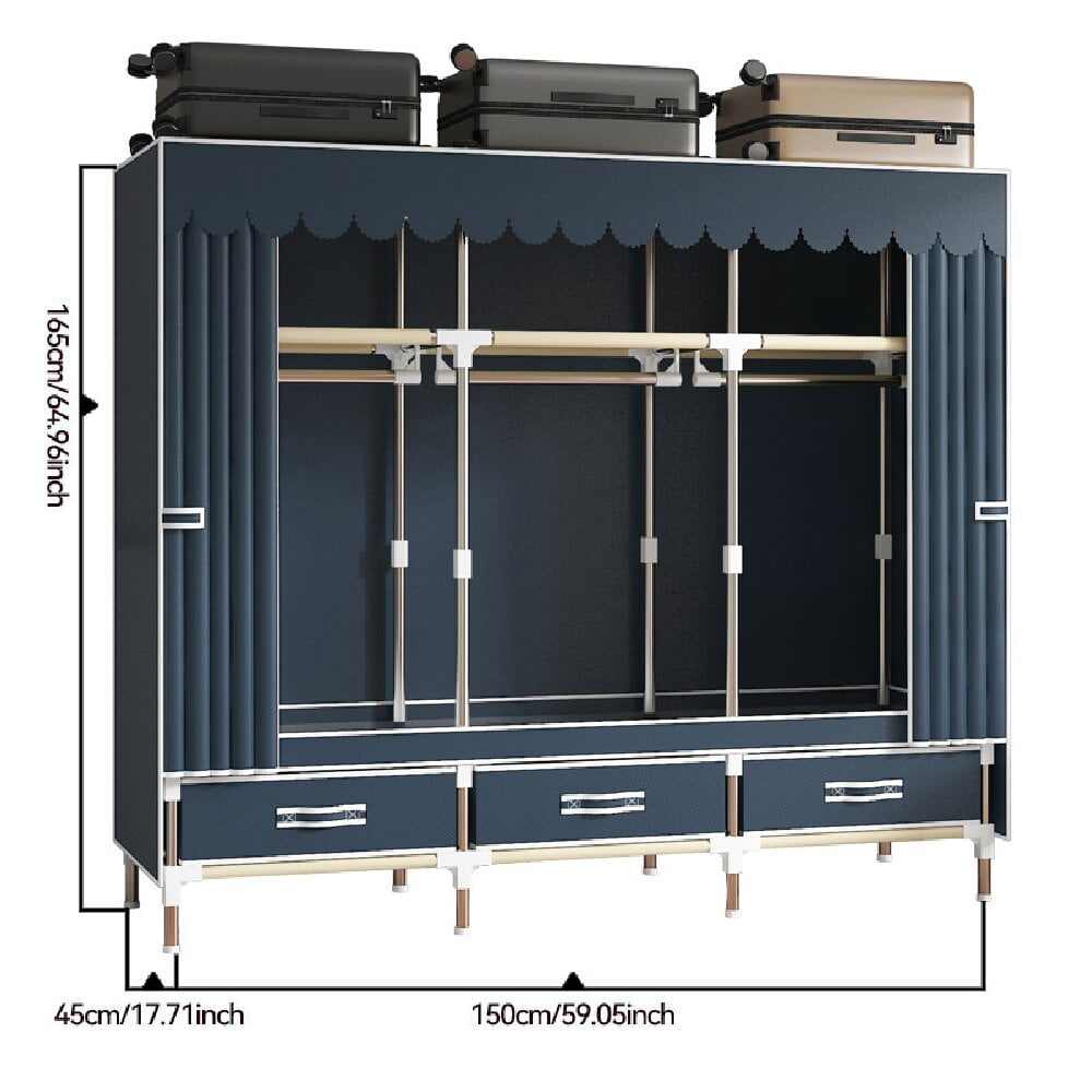 ArluKin 59Inch Portable Wardrobe Closet, 3 Storage Spaces with 3 Hanging Rods,3 Drawers，Steel Frame Fabric Organizer, Easy Assembly and Dust Resistant Design, blue