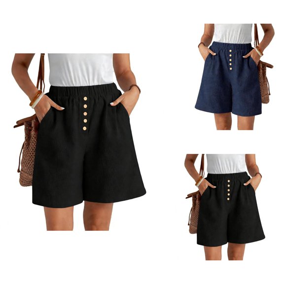 Cotton Linen Shorts for Women Elastic Waist Wide Leg Loose Fit Lightweight Summer Casual Shorts with Pockets