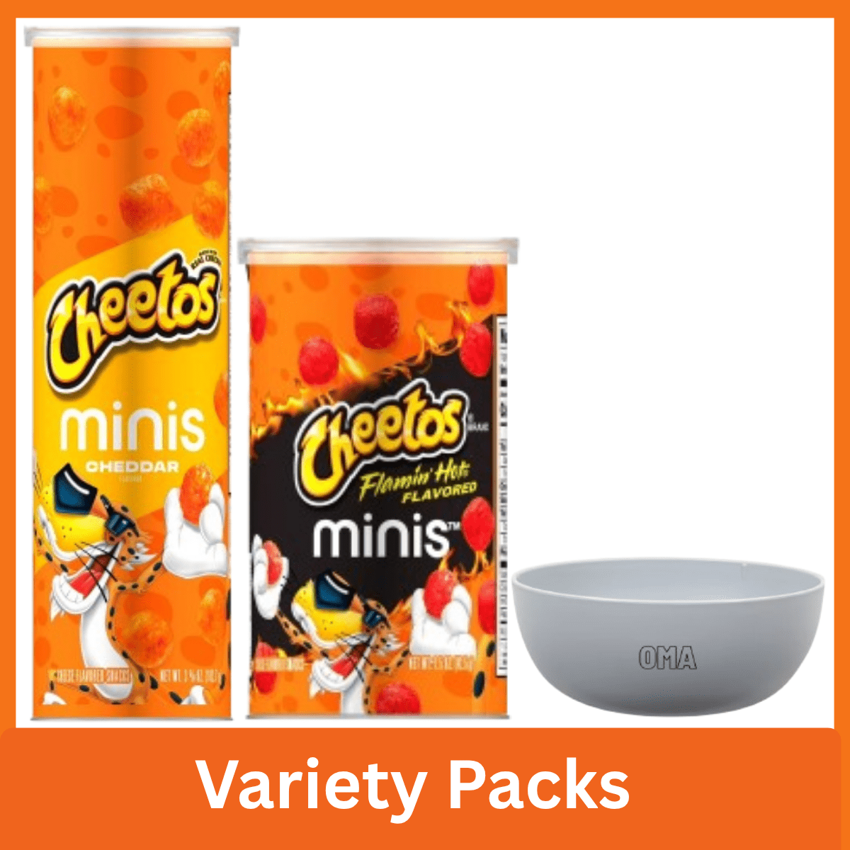 Cheetos Minis Variety Pack, Cheddar & Flamin Hot Cheese Flavored Snack Chips Canisters, 3.625 oz & 1.5 oz, Bite Size Crunchy Snacks Bundle with Bowl by OMA