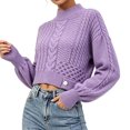 thumbnail image 3 of Women's Mock Neck Cable Knit Sweater, Long Sleeve Cropped Pullover, Loose Button Detail Knitted Jumper, Warm Casual Tops for Fall Winter Daily Wear Purples One Size, 3 of 5