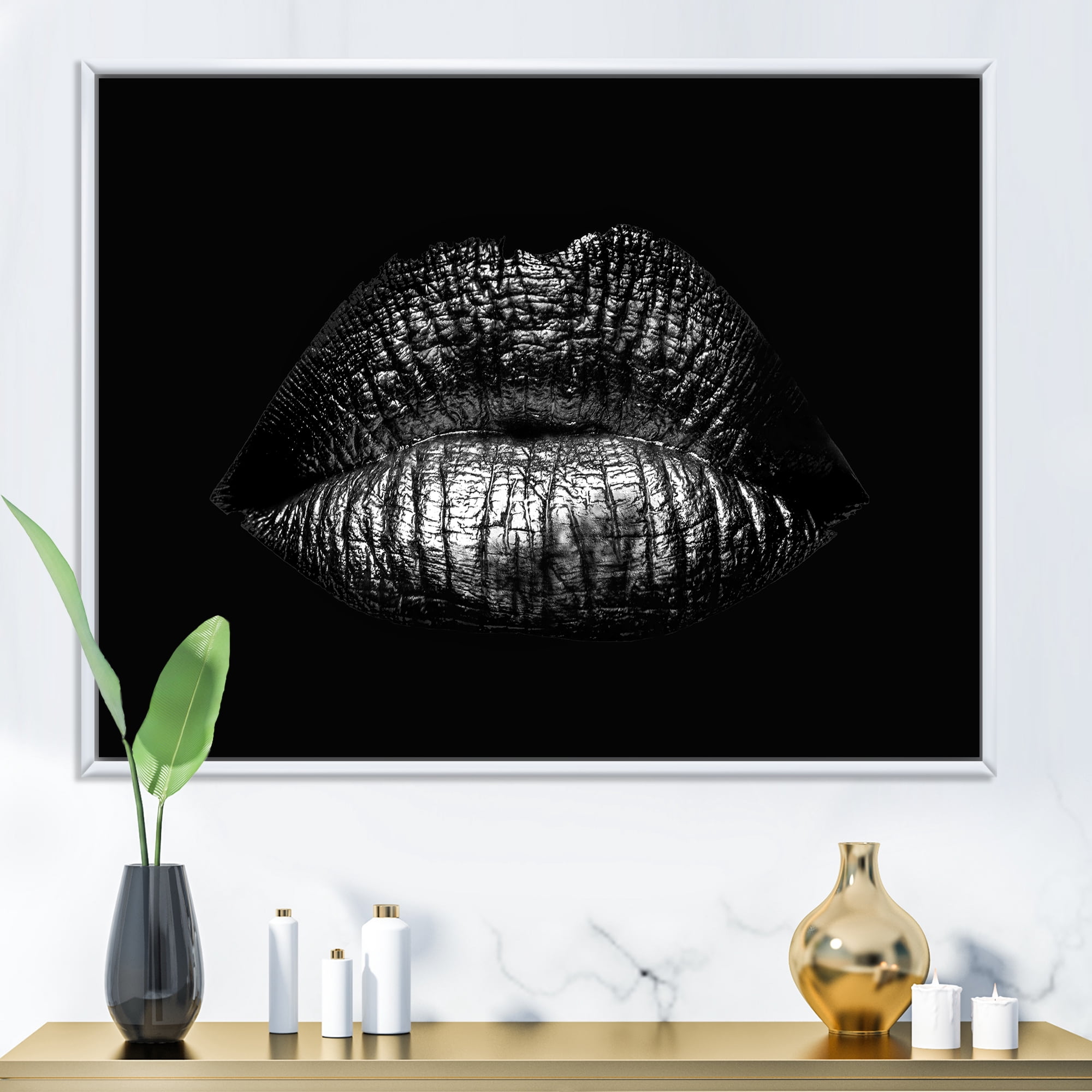 Designart 'Sexy Golden Metallized Woman Lips I' Modern Framed Canvas Wall Art Print