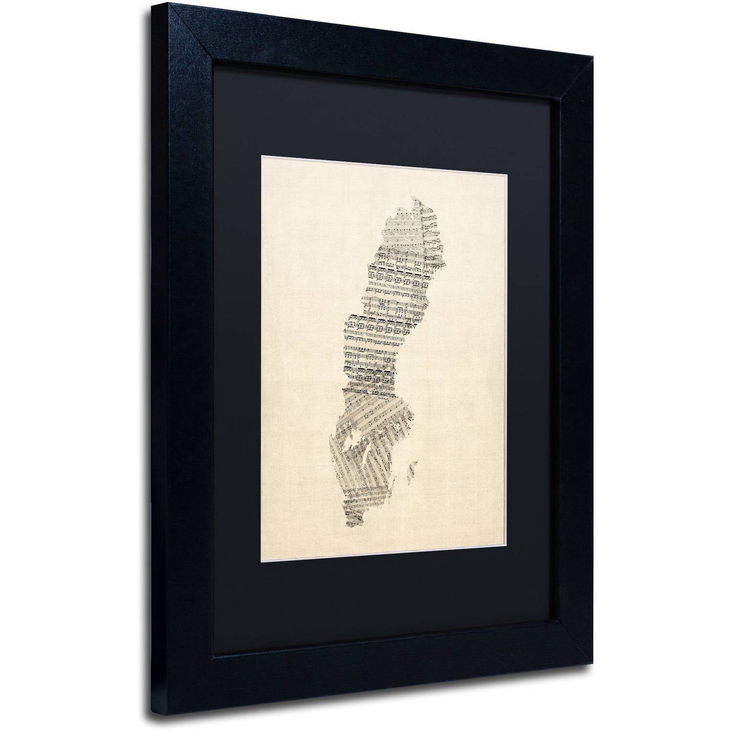 Trademark Fine Art 'Old Sheet Music Map of Sweden' Canvas Art by Michael Tompsett, Black Matte, Black Frame