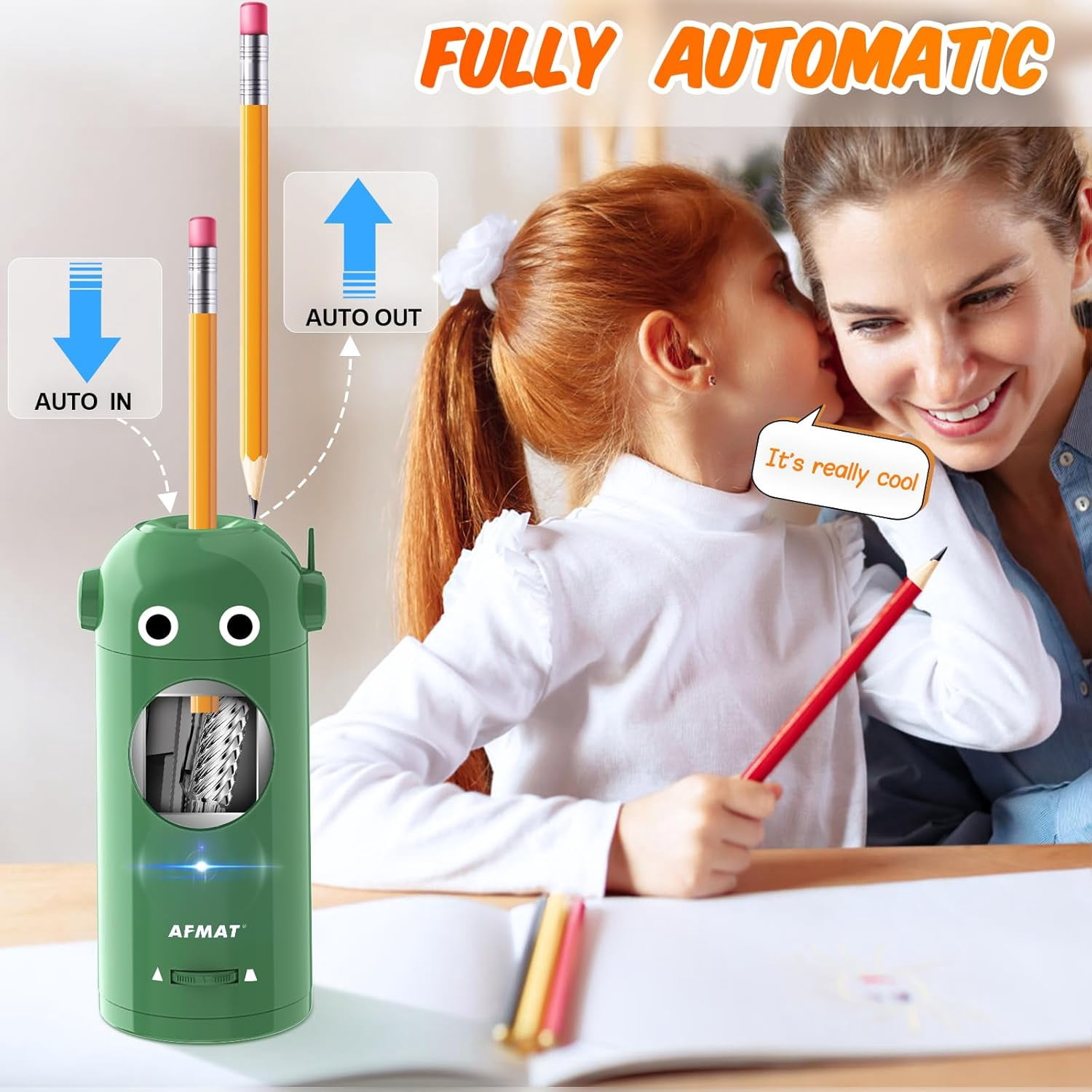Electric Pencil Sharpener for Colored Pencils 7-11.5mm, Fully Automatic Robot Pencil Sharpener, Auto in & Out, Rechargeable Hands-Free for Classroom/Home/Office, Battery Operated, PSX5RB, Green