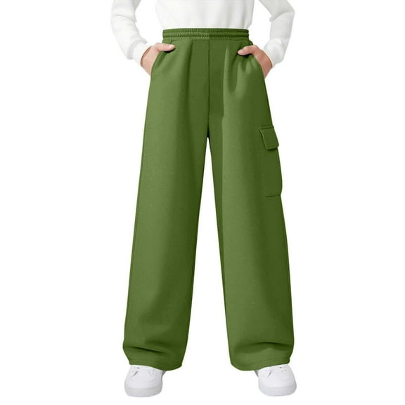 Girls and Childrens Sweatpants Casual Solid Color Drawstring Sports Pants Comfortable Loose Exercise Outdoor Trousers Army Green 7 Years
