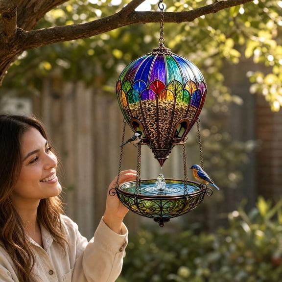 Lypsnake Stained Glass Hot Air Balloon Hanging Bird Feeder, Outdoor Hanging Bird Bath Feeder with Water Fountain, Colorful Plastic Wild Bird Feeder for Yard Garden Tree Decor