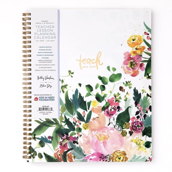 Blue Sky Kelly Ventura 2026-2027 Weekly and Monthly Academic Year Teacher Lesson Planner Calendar, July 2026 - June 2027, 8.5" x 11", Magnetic & Snap In Book Marks, Stickers, Summertime Brights