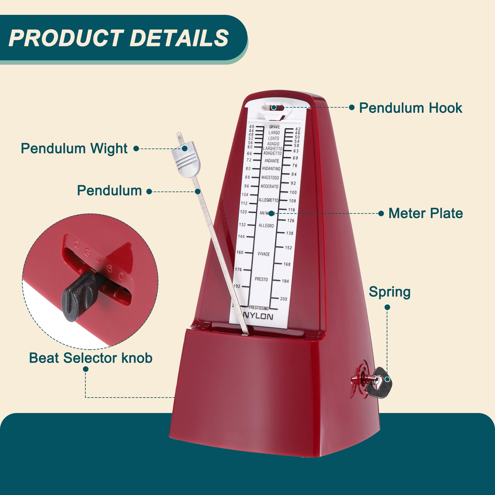 Uxcell Mechanical Metronome High Accuracy Musical Timer Universal Metronome for Piano Guitar Violin Ukulele Player Red