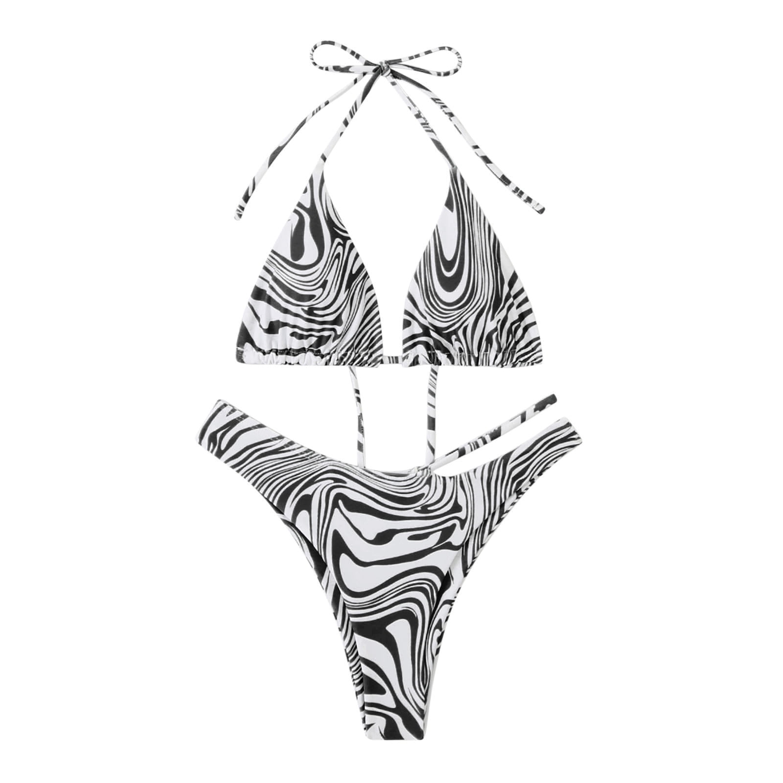 Womens Bikinis Swimsuit Zebra Stripe V Neck Bikini Set Halter 2 Piece Sexy Swimwear Cutout