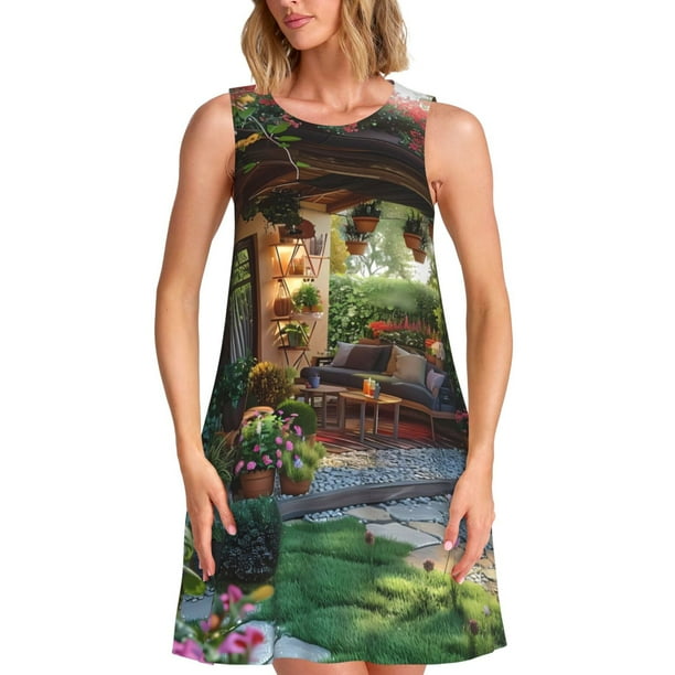 Fotbe Charming Garden Patio Vestido de Verano sin Mangas para Mujer – Vestido Midi Línea A, Estilo Camiseta Floral, Vestido Playero Casual y Fluido