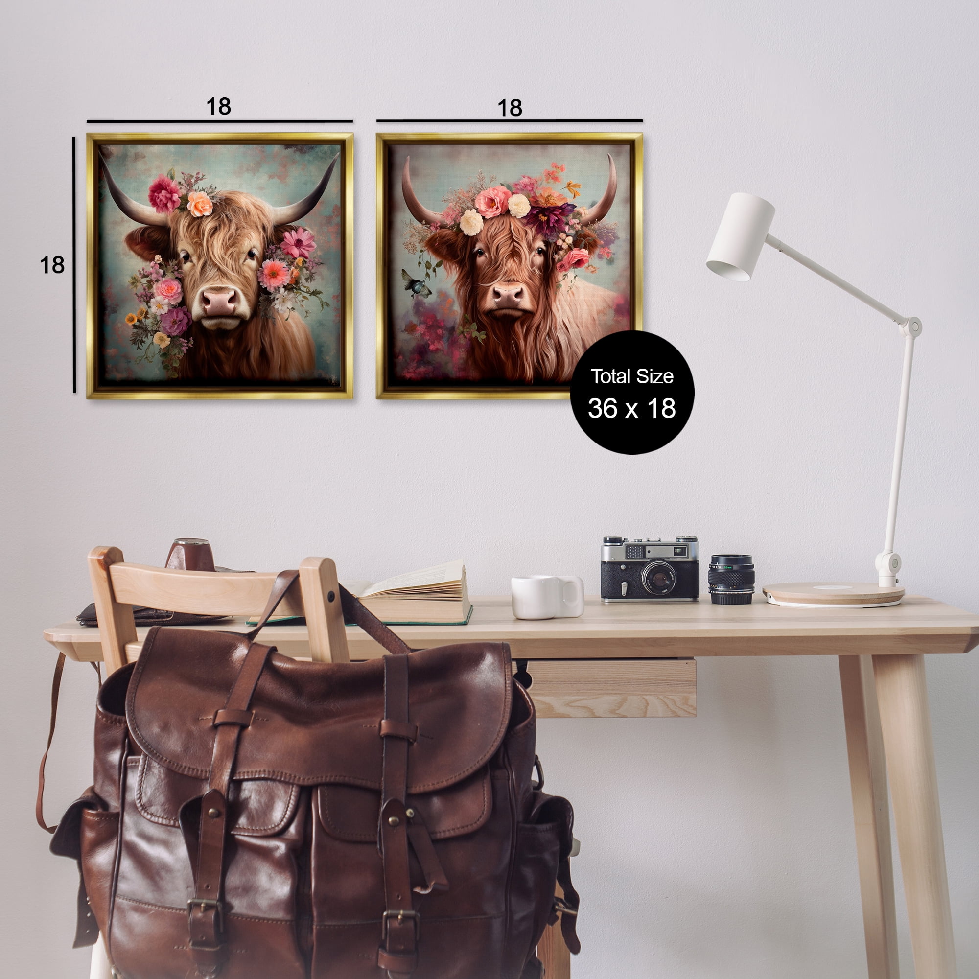 Stupell Industries Highland Cow Field Flower Crown Animals Painting Gold Floater Framed Canvas Art Print Wall Art, 18 x 18, Set of 2