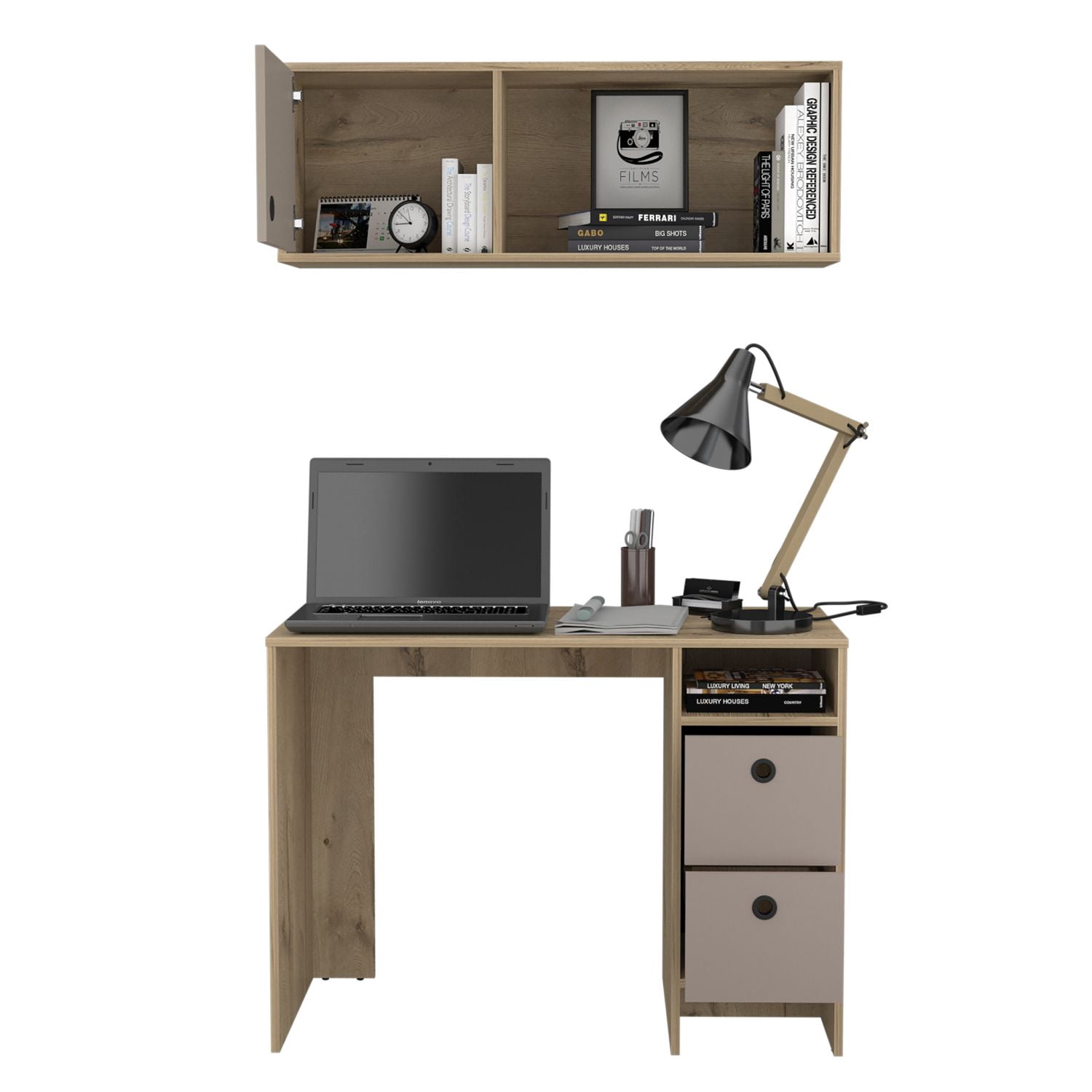 Compact Student Desk with Hutch, 39 in Writing Desk with Keyboard Drawer, Storage Drawer, and Five Hutch Shelves for Home Office