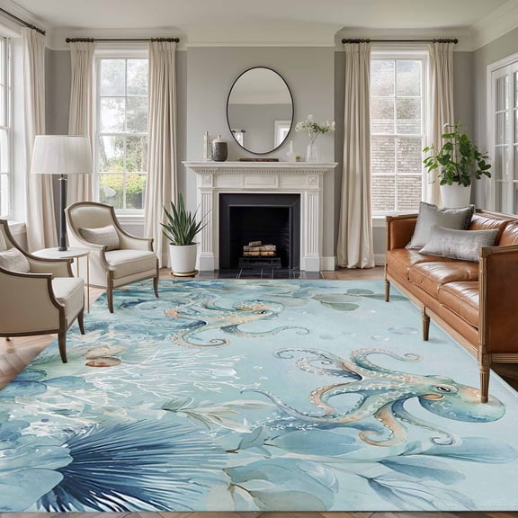 Coastal Octopus Area Rugs 5'x7', Washable Small Throw Rugs for Laundry Room Playroom, Farmhouse Eucalyptus Leaf Marine Lifes Indoor Outdoor Rug Non-Slip Low Pile Carpet Runner Reversible Floor Mats