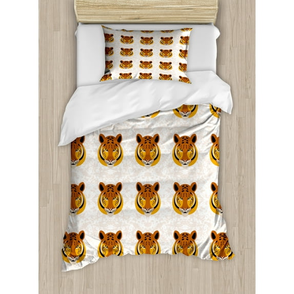 African Animal Duvet Cover Set Twin Size, Repeated Cartoon Style Tiger Faces on Grunge Pattern Backdrop, Decorative 2 Piece Bedding Set with 1 Pillow Sham, Pale Eggshell Multicolor, by Ambesonne
