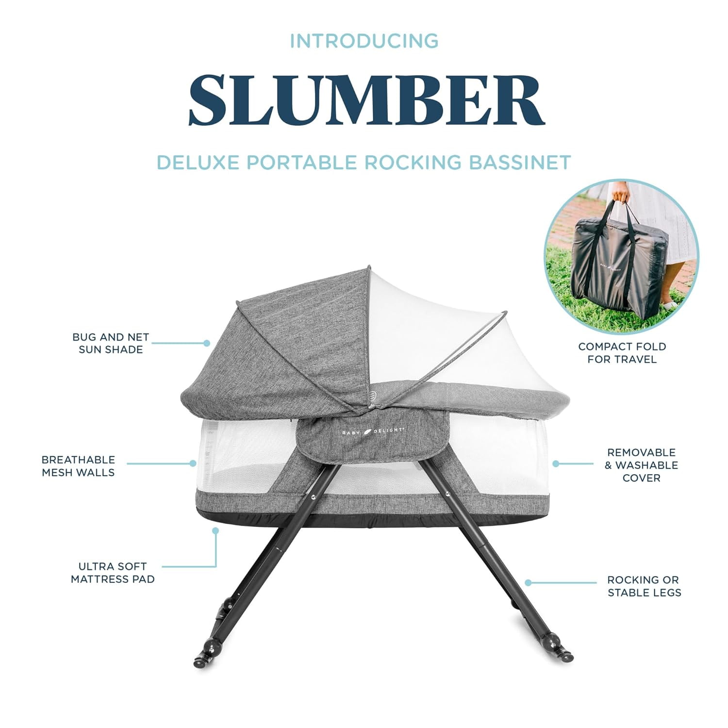 Baby Delight Go with Me Slumber Portable Rocking Infant Bassinet, Removable Canopy, Charcoal Tweed
