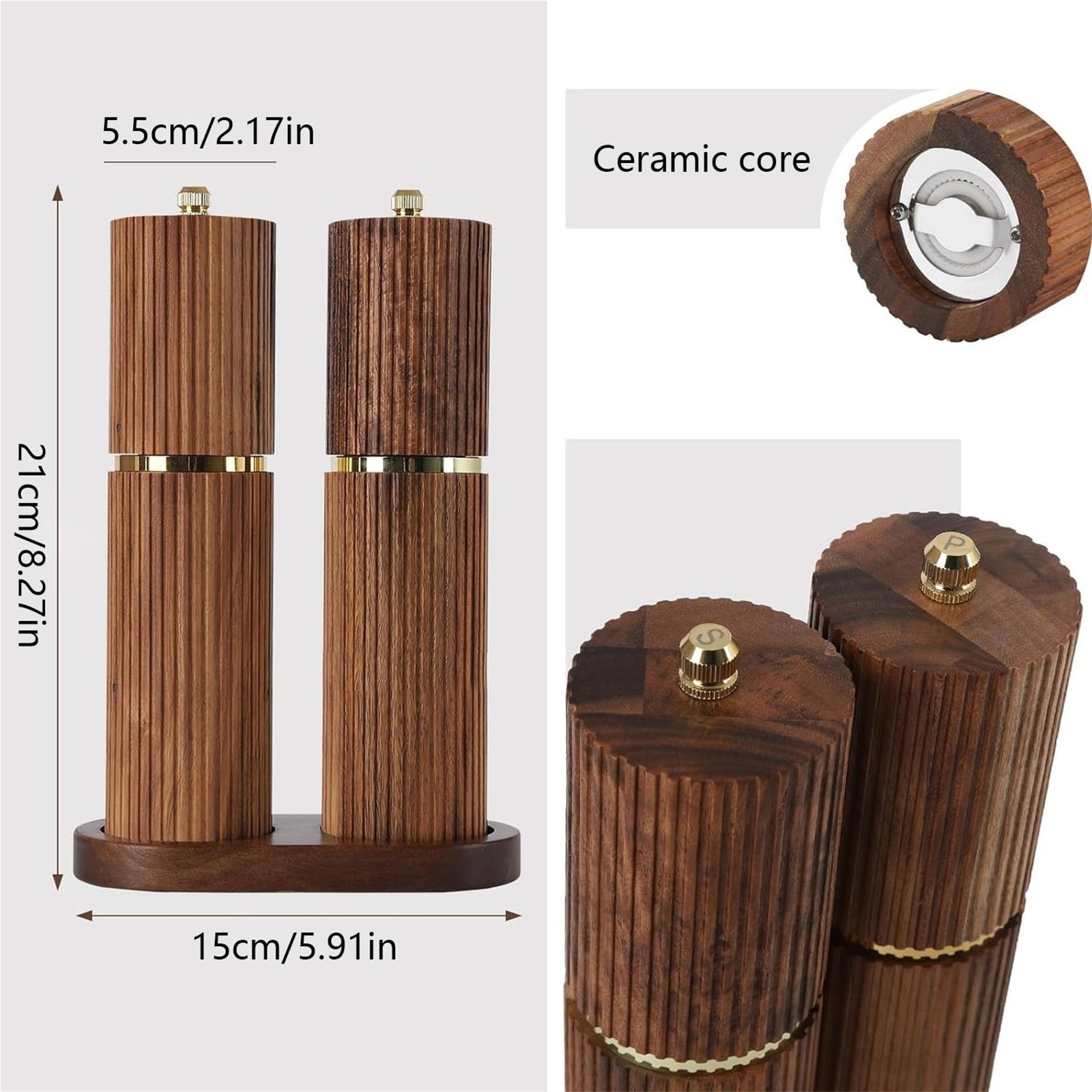 Wooden Salt and Pepper Grinder Set with Wooden Tray, Refillable Salt and Pepper grinder with Adjustable Coarseness