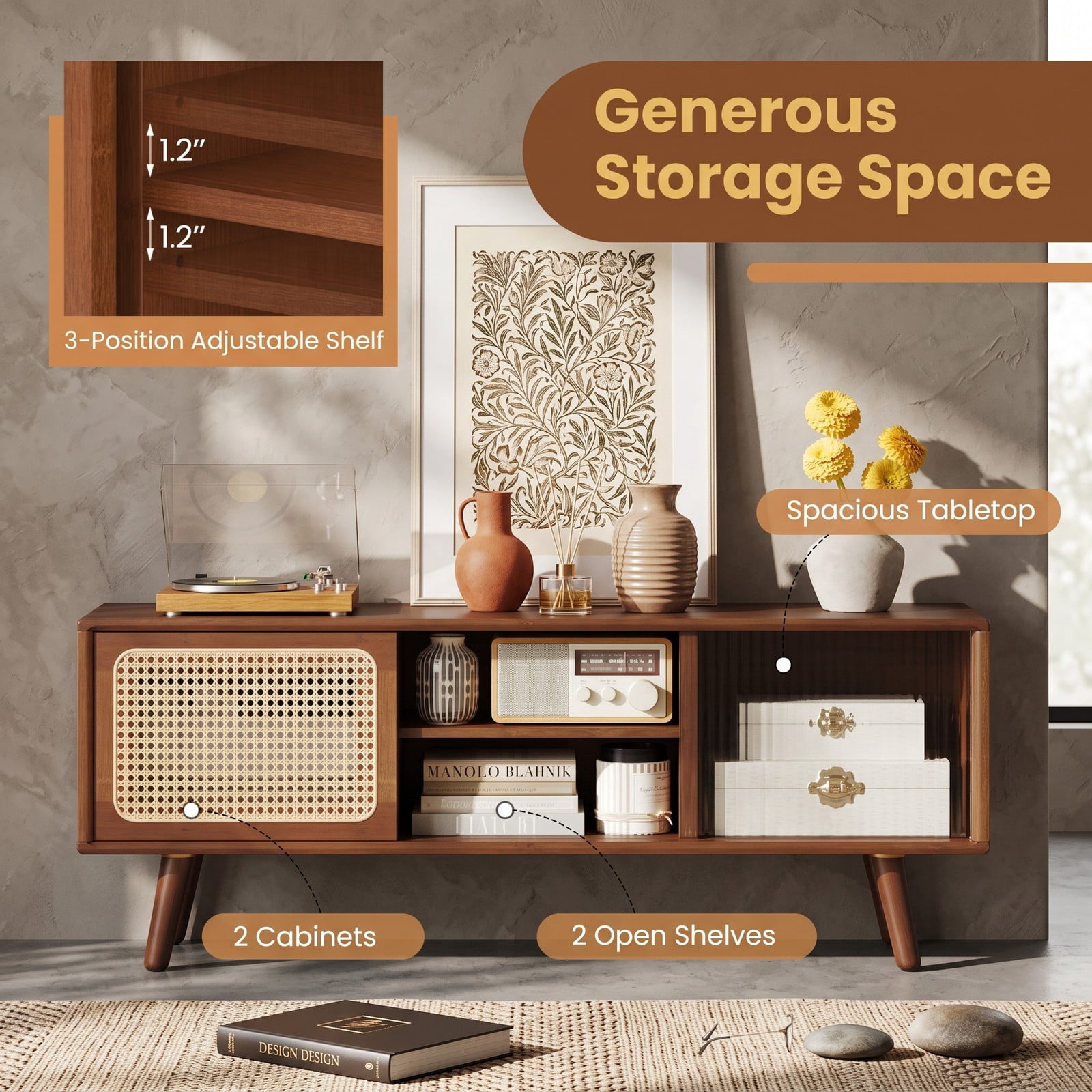 Furnibear Modern TV Stand for TVs up to 55 Inch, Bamboo Entertainment Center with Rattan Tempered Glass Sliding Doors, Adjustable Shelf & Cable, Natural Brown