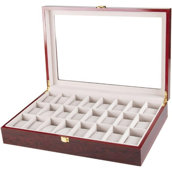 LOYALHEARTDY 24 Slots Wooden Watch Display Case Glass Top Jewelry Pocket Watch Collection Storage Box Organizer Ebony Wood(US Stock)