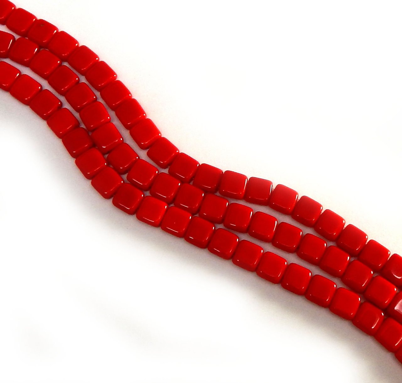 Opaque RED Coral 6mm Square Glass Czech Two Hole 25 Tile, Loose Beads