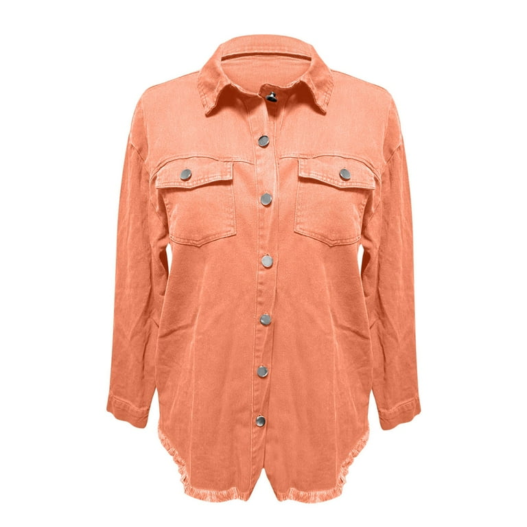 YNGKMEA Denim Jacket for Women Button Up Frayed Hem Shacket Retro
