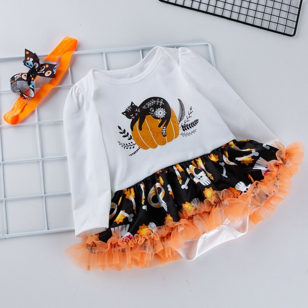 Newborn Kid Girl Halloween Clothes Long Sleeve Romper Tutu Dress