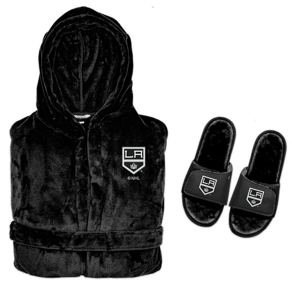 Men's ISlide  Black Los Angeles Kings Hooded Phantom Robe & Fur Slide Bundle