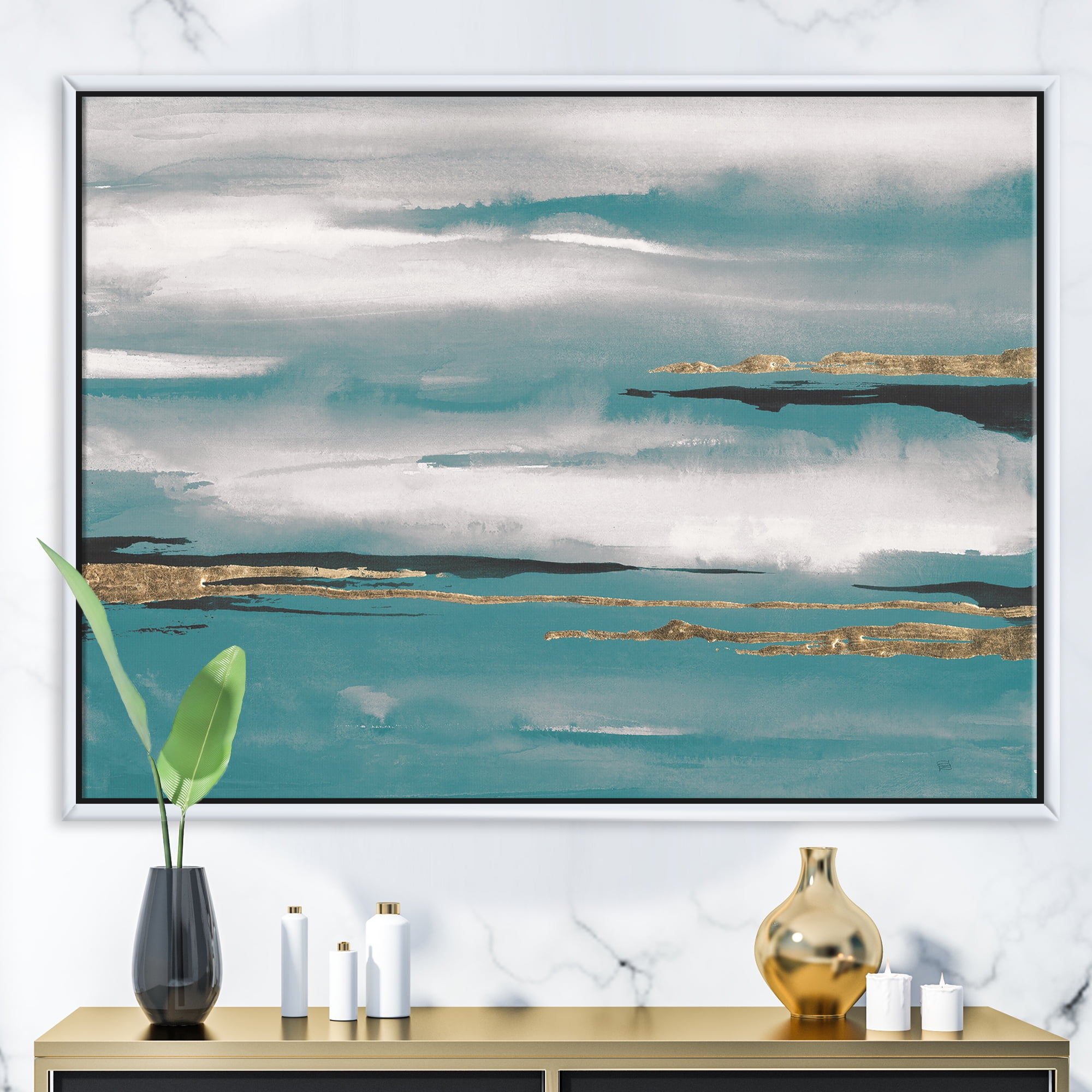 Designart ' Glam Teal Watercolor II ' Modern & Contemporary Framed Canvas