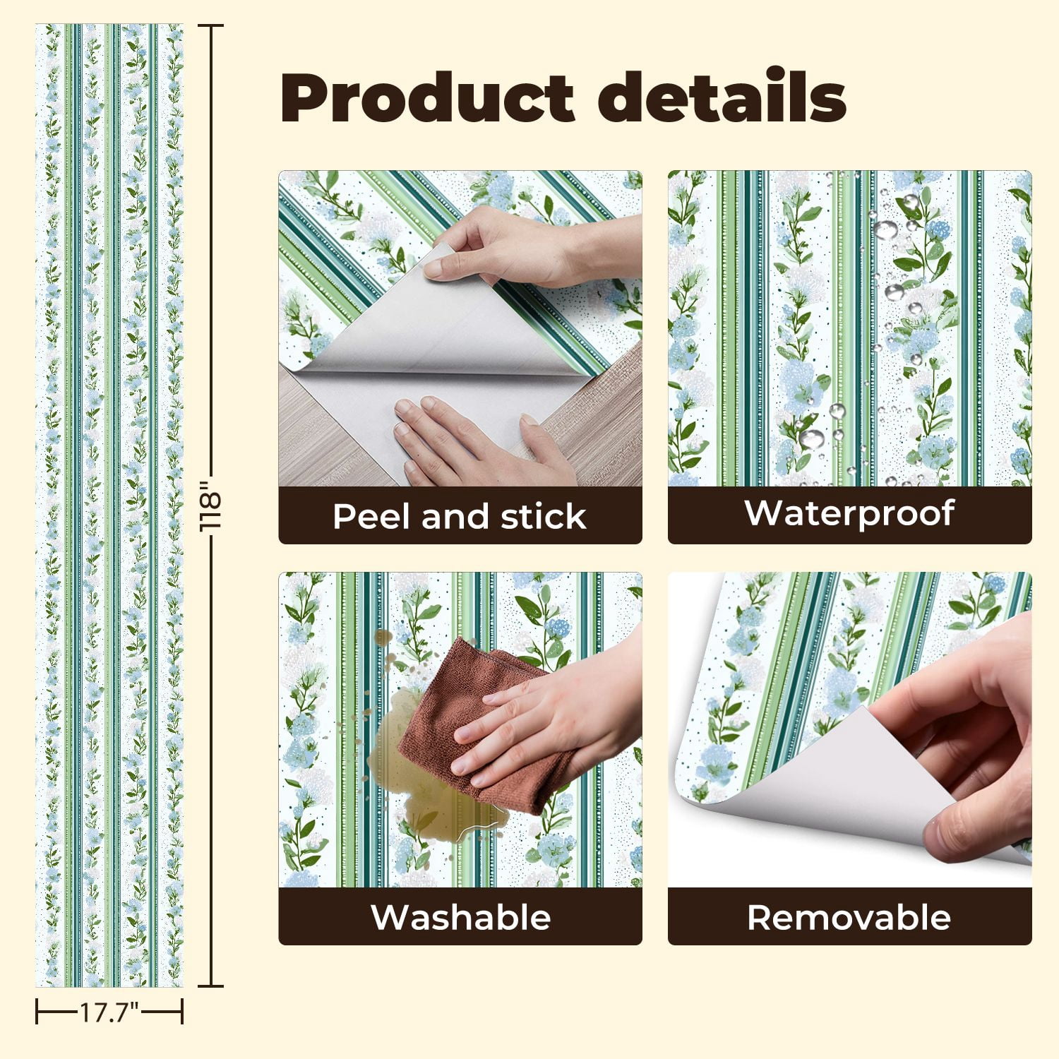 Peel and Stick Wallpaper Floral Stripe Blue Blossoms Green Leaves Light Wall Mural 17.7in x 9.8ft Self Adhesive Removable Wall Paper Renter Friendly Wallpaper for Bedroom Livingroom Office Studio