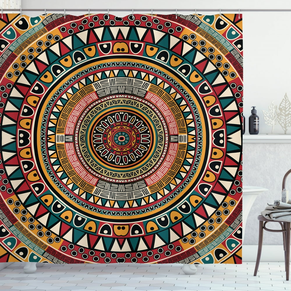 Tribal Shower Curtain, African Folkloric Tribe Round Pattern with
