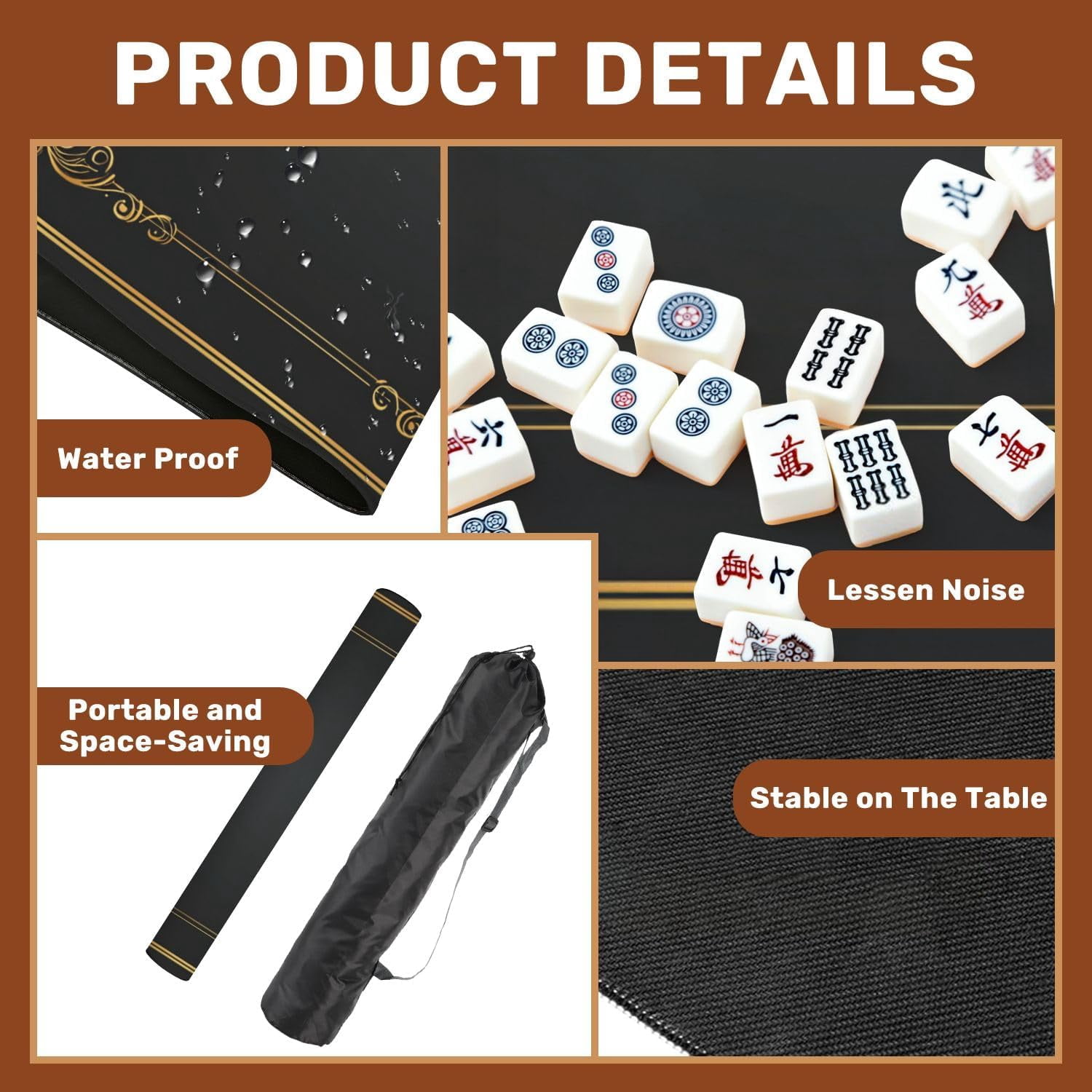 Mahjong Mat 31.5" x 31.5" Elegant Black Gold Ornamental Frame Vintage Flourishes Non-Slip Noise Reduction Mahjong Tiles Table Cover for Dominoes Poker Card Board and Tile Games Gift