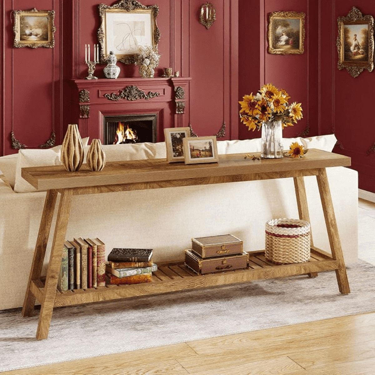 70.9" Farmhouse 2-Tier Console Table - Vintage Wood Grain, 1.97" Thick Engineered Wood, Sturdy Trapezoid Base, Versatile for Entryway, Hallway, Behind Couch