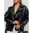 thumbnail image 1 of -Chaqueta de cuero sintético para mujer, abrigo holgado con cremallera y cinturón, color negro, para motociclista, primavera y otoño, 1 of 5