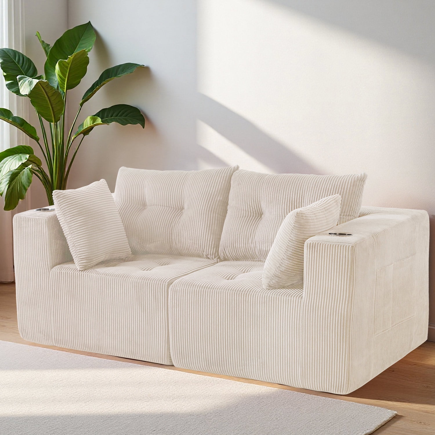 BYBYME 73"Oversized Loveseat Couch,2 Seat Sectional Corduroy Tufted Sofa,Upholstered Symmetrical Cloud Couch with Double Chaise,Wrap Around Sofa for Living Room Apartment Office,Sofa in A Box,Beige